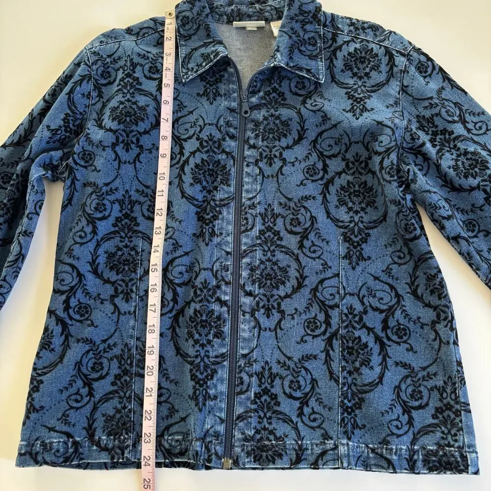 Vintage Chico’s Design Blue Denim Jacket Black Velvet Floral Damask Pattern Sz 2